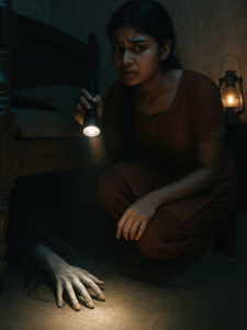 রাতের নিস্তব্ধতায় টর্চ হাতে কিশোরী উঁকি দেয় খাটের নিচে। অন্ধকারের ভেতর থেকে ভেসে আসে ধুলো-ঢাকা এক ভূতের হাত। বাস্তব ও পরাবাস্তবের সীমারেখা যেন ভেঙে পড়ে।