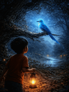 নীল আলো জ্বলা পাখি আর গ্রামের বিপদ—এক শিশুর দায়িত্ব নেওয়ার গল্প। আবেগ ও উত্তেজনায় ভরা এই ছোটদের রূপকথার গল্প শোনাতে আদর্শ ঘুমপাড়ানি।